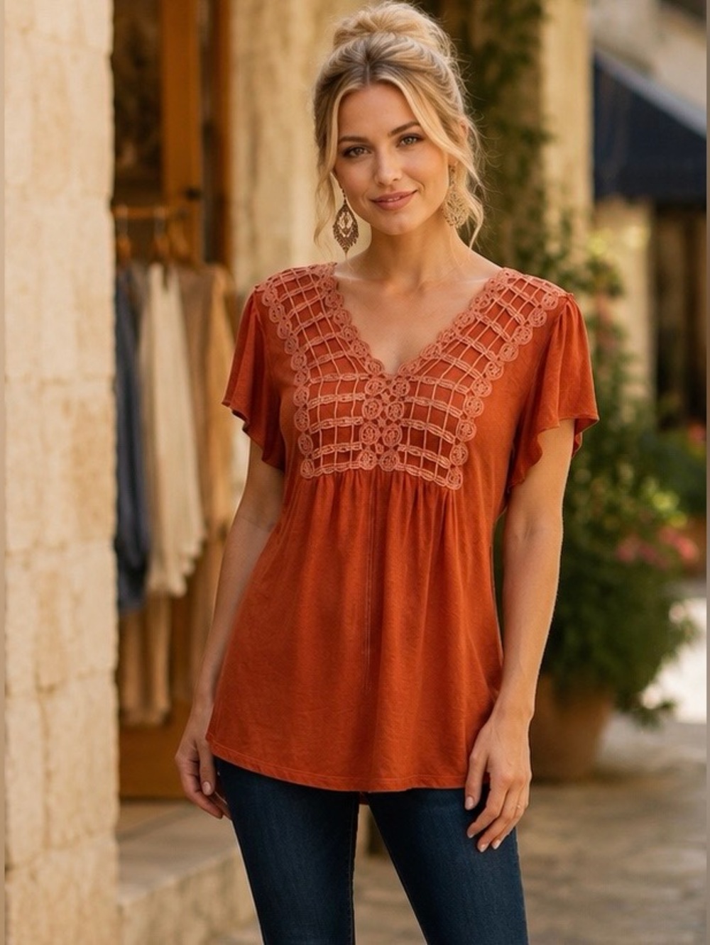 Energe Rust Orange Crochet Studded Boho Tunic Top Size PL